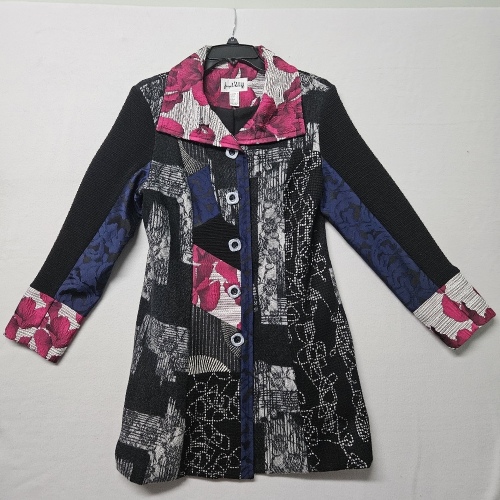 Joseph Ribkoff Coat Jacket Funky Art Embroidered Patchwork Knit Black Sz 8